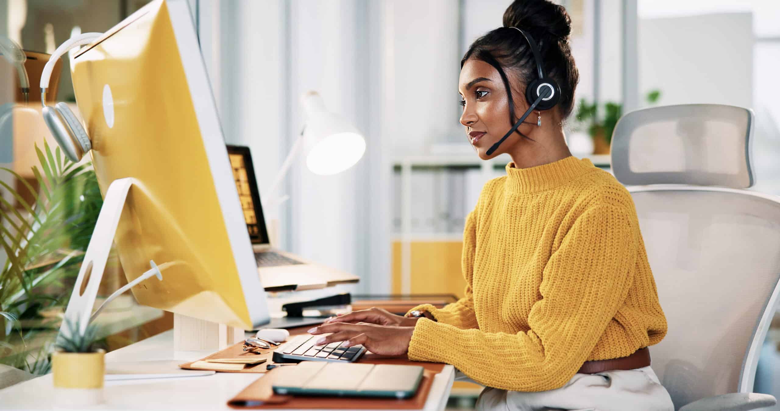 Customer service representative on a headset